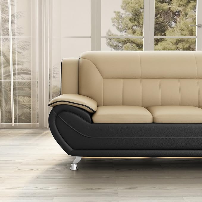 Container Furniture Direct Michael Modern Faux Leather Upholstered Stainless Steel Legs Living Room Sofa, Black Camel