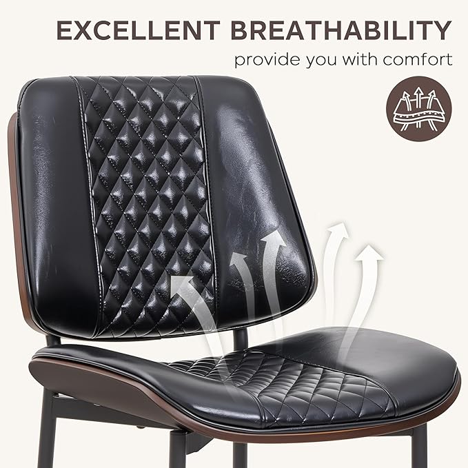 Dining Chairs Set of 2, Upholstered PU Leather Armless Chair, Mid Century Modern Dining Room Chairs, Retro Walnut Bentwood Kitchen Chair with Metal Legs and Adjustable Feet, Black
