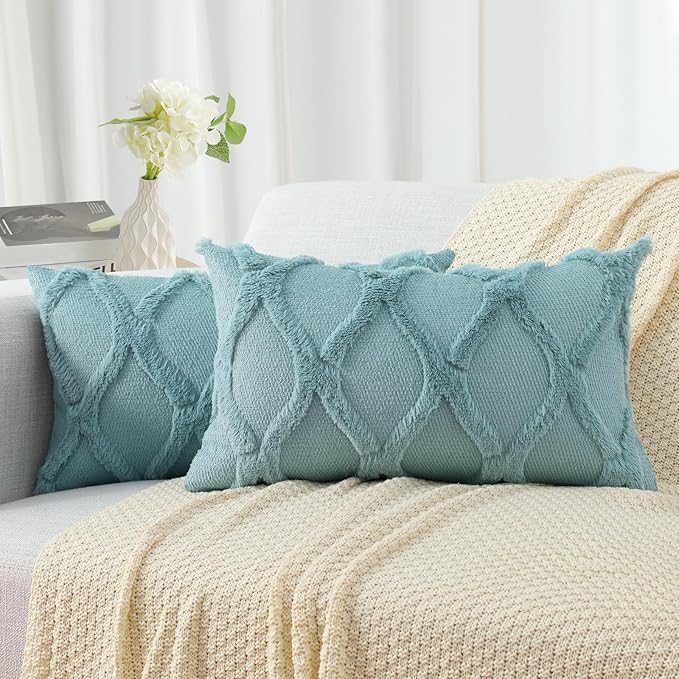 decorUhome Throw Pillow Covers 12x20 Inch Set of 2, Soft Plush Faux Fur Wool Lumbar Aqua Couch Pillow Covers, Decorative Neutral Pillow Cases for Bed Sofa Living Room Home Decor