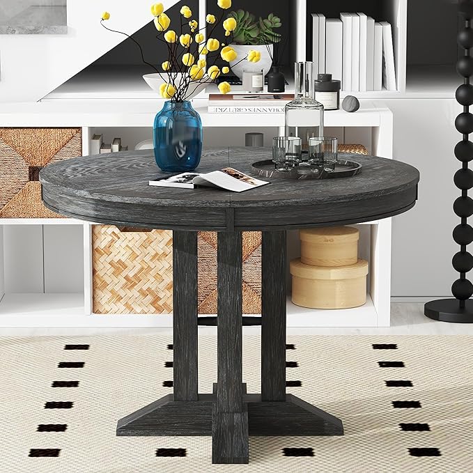 FULife Country Rustic Design Round Table with 14" Removable Leaf, Extendable Circular to Oval Solid Wood Tabletop with X-Shaped Trestle Legs, Space-Saving Kitchen-Tables for Dining/Living Room