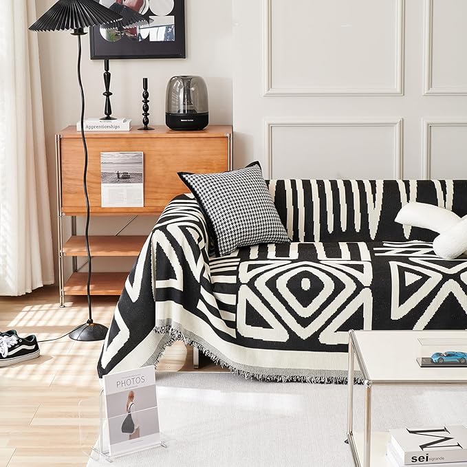 HANDONTIME Boho Sofa Covers for Dogs Black Couch Sofa Covers for 3 Cushion Couch Sofa Beige Chenille Sofa Slipcover Washable Sectional l Shaped Covers Pets Protector Furniture Covers, 71" X150"