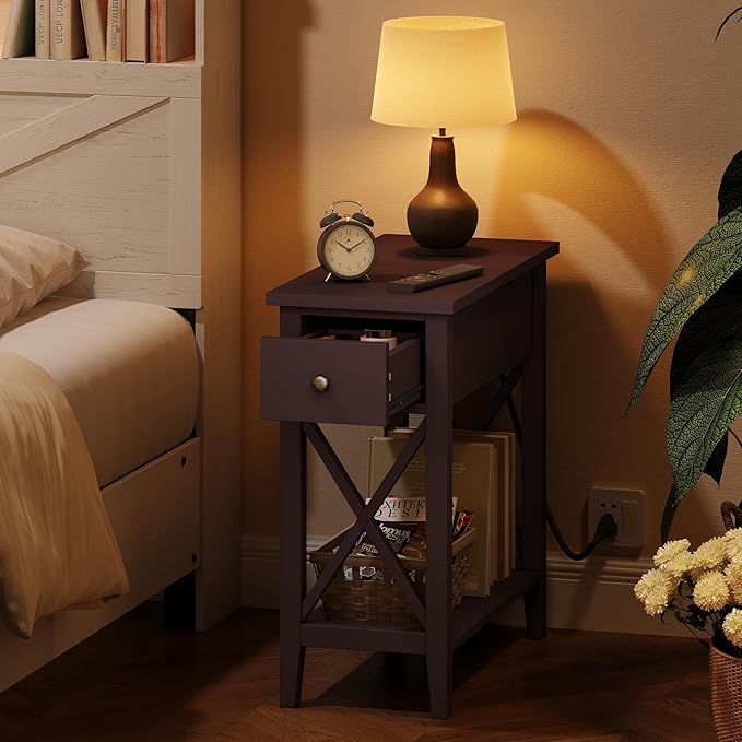 ChooChoo End Table with Charging Station, Narrow Side Table with USB Ports and Outlets, Nightstand with Drawer, for Small Spaces, Bedside Tables for Living Room Espresso