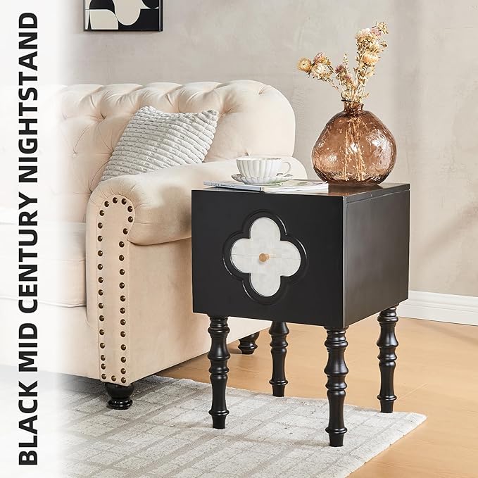 Uniclinens Black Nightstand with Storage, Mid Century Modern Night Stand 23", Solid Wood End Side Table for Bedroom Living Room, Sofa Side Bedside Table with Wooden Legs