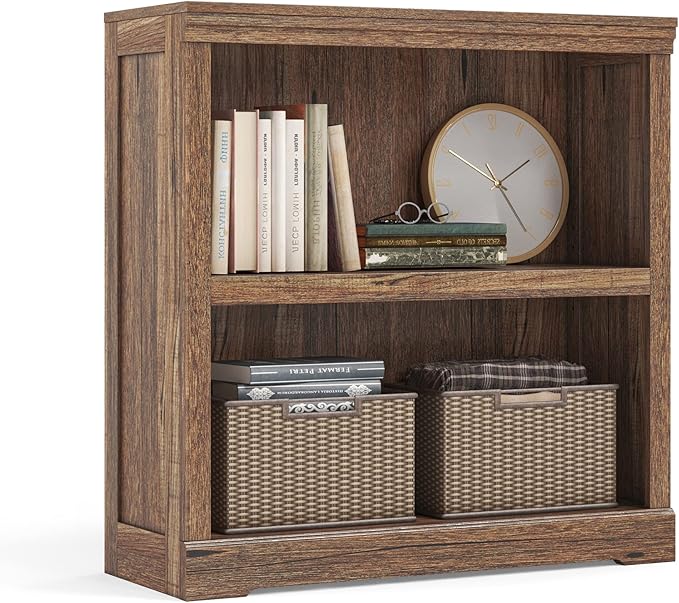 LINSY HOME 2-Tier Bookcase and Bookshelf, Small Wood Display Storage Shelves Farmhouse Bookshelf for Home Office, Living Room, Bed Room - Dark Brown