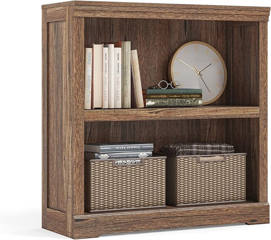 LINSY HOME 2-Tier Bookcase and Bookshelf, Small Wood Display Storage Shelves Farmhouse Bookshelf for Home Office, Living Room, Bed Room - Dark Brown