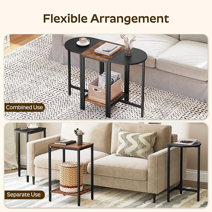 Small Side End Table, Nesting Side Table for Living Room, 2-Tier Nesting Side Table for Small Space, Wooden Sofe Tables Set of 3, Half Round End Table for Couch, Office, Brown and Black ET33BR