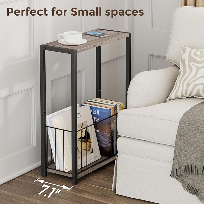 Narrow Side Tables Set of 2 with Magazine Holder, Skinny End Tables Perfect for Small Spaces, Space-Saving Design for Living Room, Bedroom, or Office, 7.1" D x 16.9" W x 23.6" H, Greige