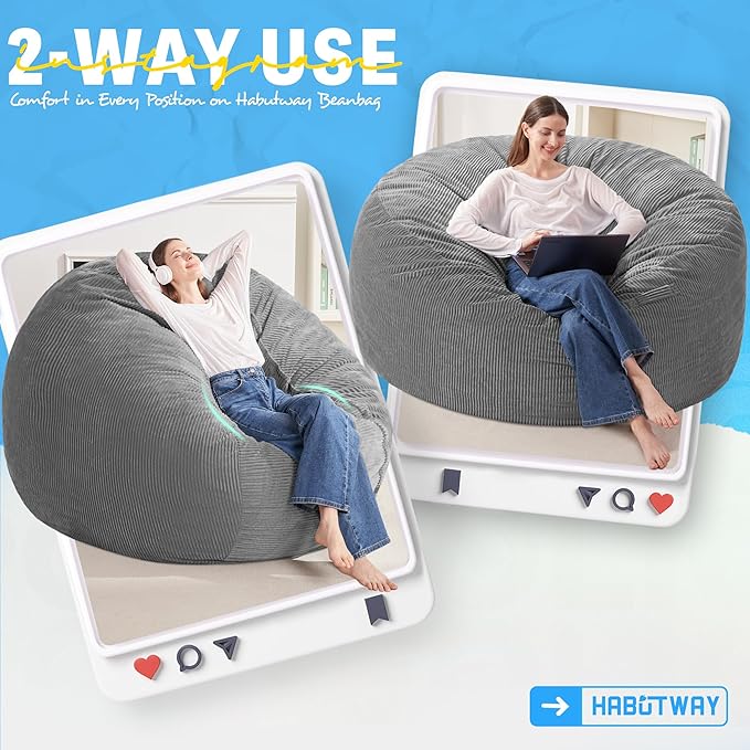 HABUTWAY 6FT Bean Bag Chair,Giant Bean Bag Chairs for Adults,Big Bean Bags with Memory Foam Filled, Large Beanbag Chairs with Soft Corduroy Cover-Grey