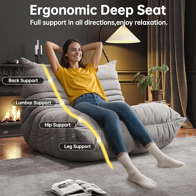Bean Bag Chairs for Adults, BeanBag Reading Chair Memory Foam Couch, Floor Chair Soft Teddy Material, Comfy Reading Nook Chairs for Bedroom Living Room Office (Grey)