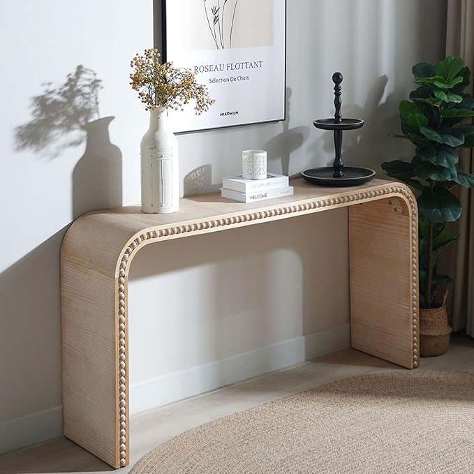 KEIKI Wood Console Table Behind Couch & Sofa, Retro Style with Curved Waterfall & Wood Beads Design, for Entryway, Living Room, Natural