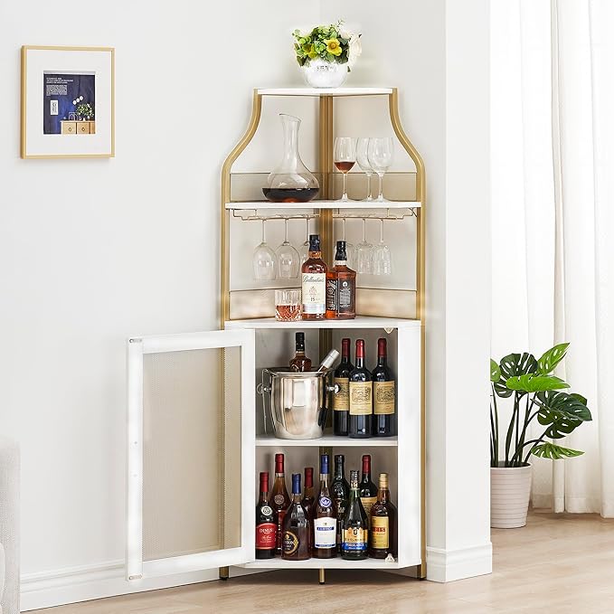 GarveeHome Corner Wine Cabinet with Detachable Wine Rack, 5-Tier Industrial Corner Bar Cabinet with Barn Door and Glass Holder, Farmhouse Buffet Cabinet and Home Bar, Gold
