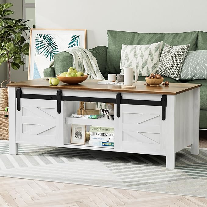 YESHOMY TV Stand Set with a Farmhouse Style Coffee Table,for Living Room,with Big Capacity, White