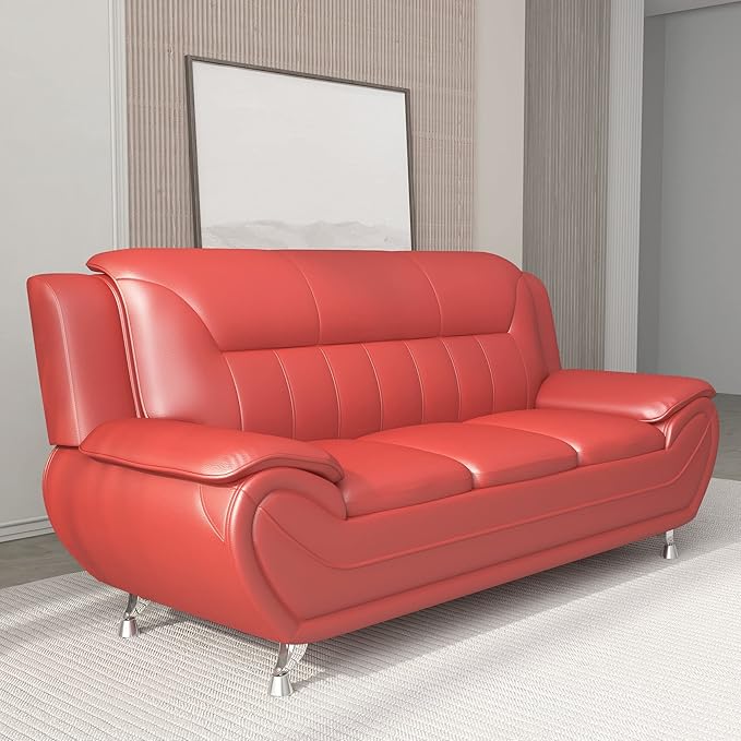 Container Furniture Direct Michael Modern Faux Leather Upholstered Stainless Steel Legs Living Room Sofa, Red