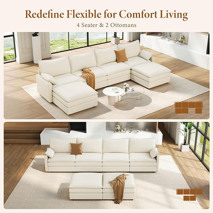 Vesgantti 142" U Shaped Sectional Couch, Comfy Cloud Modular Sectional Sofa with 2 Ottoman Deep Seat Chenille Modern Cloud Sofa, Modular Sofas for Living Room, Bedroom and Apartment, Snow White