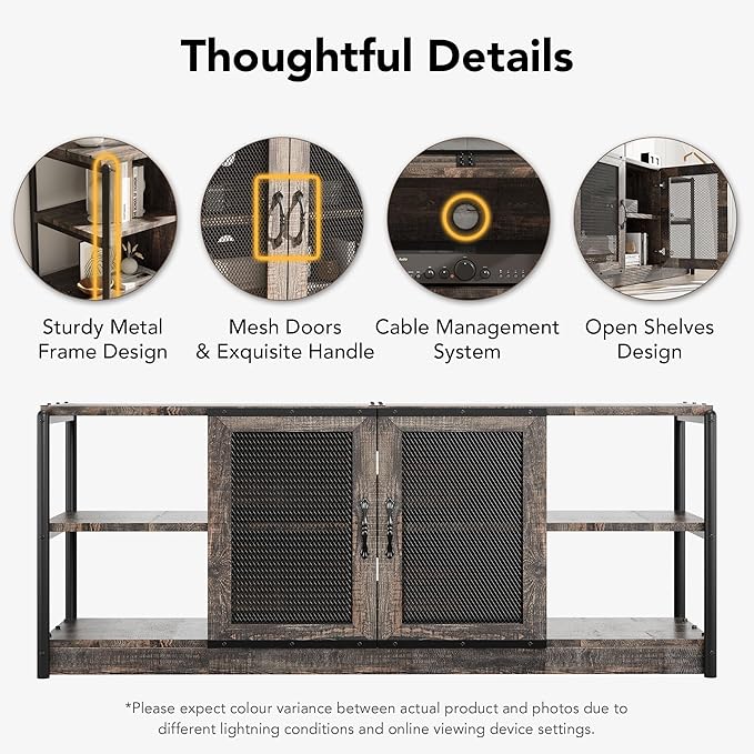 GarveeHome Farmhouse TV Stand for 65/75 inch TV, Entertainment Center with Storage Cabinet, Industrial TV Console Cabinet with Mesh Doors, 63" Rustic TV Media Console Table for Living Room, Oak
