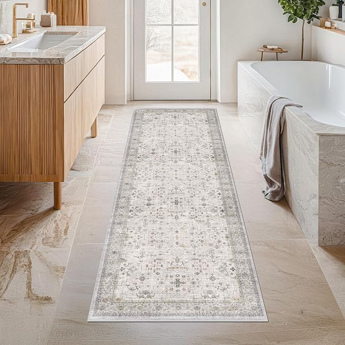 Non Slip Hallway Runner Rug - 2 x 10 Runner Rug, Washable & Waterproof 2x10 Kitchen Floor Mat - Extra Long Light Gray Neutral Farmhouse Boho Design Décor