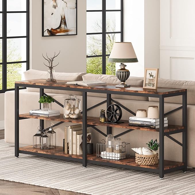 Tribesigns 70.9 Inch Extra Long Console Table, Modern Sofa Table Behind Couch Table with Storage Shelves, 3-Tier Industrial Hallway Entryway Table for Living Room, 3 Shelf Bookshelf(Brown)
