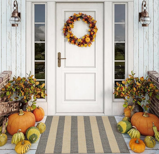OJIA Fall Front Door Mat Outside Entrance 24"x35" Tan Halloween Doormat Front Door Rug Washable Porch Rugs Woven Striped Outdoor Rugs Entryway Rugs Indoor Small Area Rug for Kitchen Entry Bathroom