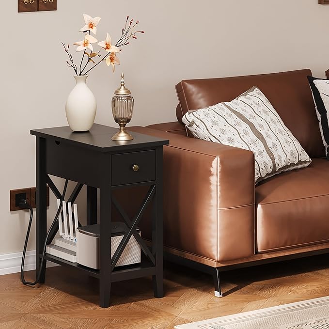 ChooChoo End Table Set of 2 with Charging Station, Narrow End Table with USB Ports and Outlets, Small Side Table Nightstand with Drawer for Living Room, Bedroom, Black
