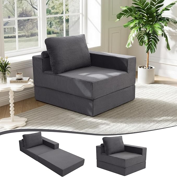 MeMoreCool Convertible Sofa Bed Foldable Boneless Couch, Folding Sleeper Chair Bed with L-Shaped Armrest, Comfy Floor Lounge Couch for Adults, Fold Out Single Sofa Chair Futon for Indoor Bedroom