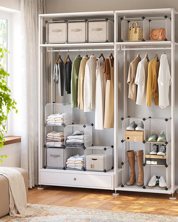 SONGMICS Cube Storage Organizer, Set of 16 Plastic Cubes, Book Shelf, Closet Organizers and Storage, Room Organization, Bedroom Living Room, 12.2 x 48.4 x 48.4 Inches, White ULPC44L