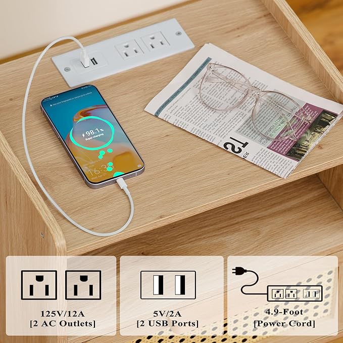 Lerliuo Rattan Nightstand with Charging Station, Boho Side Table with Drawer Open Shelf, Cane Accent Bedside End Table for Bedroom, Dorm and Small Spaces