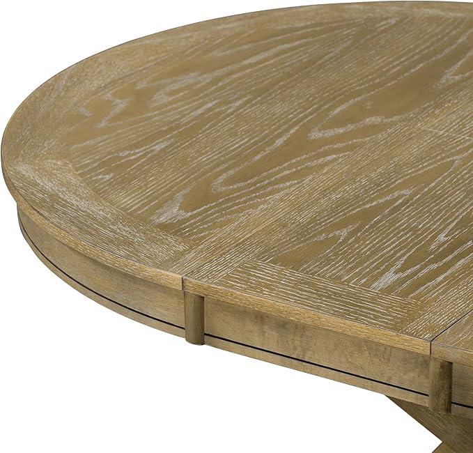 Retro Style Round Dining Table with 12" Removable Leaf for Kitchen/Living Room, Space-saving Solid Wood Tabletop Extendable Circular to Oval (42" to 54") with X-shaped Base Legs for Apartment Bistro