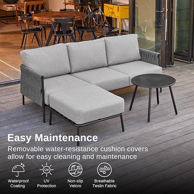 EAST OAK Life Chatter Patio Furniture Set, Outdoor Furniture Sectional Sofa Set with Round Coffee Table, 4 Seats Sofa Deep Seating with Thick & Washable Cushions, Black & Grey