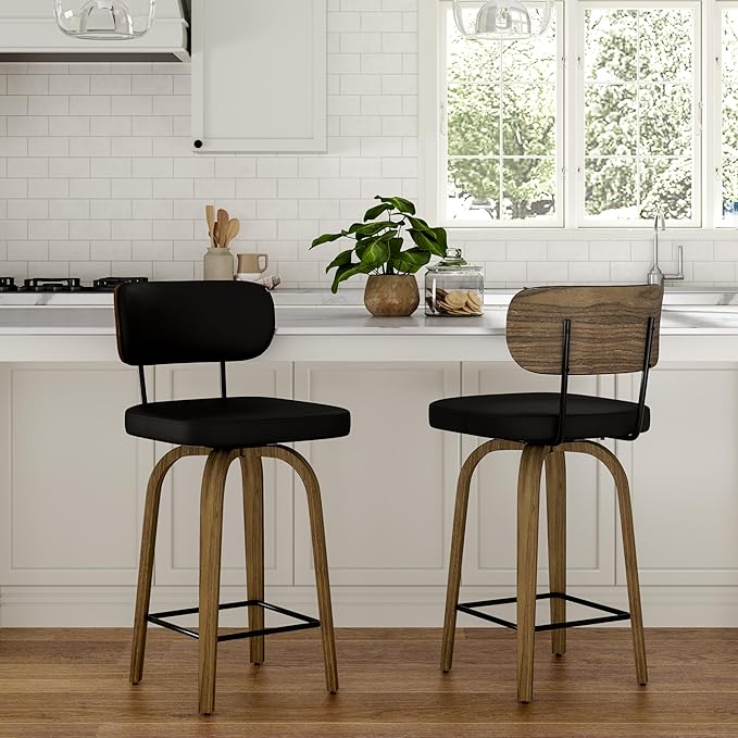 Swivel Counter Height Bar Stools with Back Set of 2, 26" Faux Leather Kitchen Bar Stools with Wood Legs and Metal Footrest for Kitchen Island (Black PU)