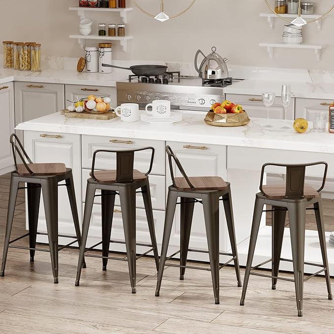26 Inch Swivel Bar Stools Set of 4 with Backs Counter Height Industrial Metal Barstools Island Bar Chairs for Home Kitchen Dining Room (Swivel 26 inch,Rusty Wooden)