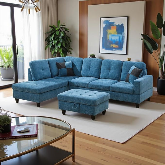 103.5" Oversized Sectional Couch, L Shaped Couch with Storage Ottoman, Modern Modular Sofa with Deep Seat, Sectional Couches for Living Room and Office, Blue (Flannel)
