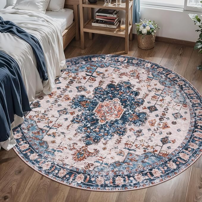 Tangsoo Vintage Round Rug 6ft, Washable Circle Rug, Non Slip Boho Round Area Rug,Low Pile Circular Rugs,Large Round Rugs Carpet for Livingroom,Bedroom,Nursery,Dorm,Office,Blue/Orange