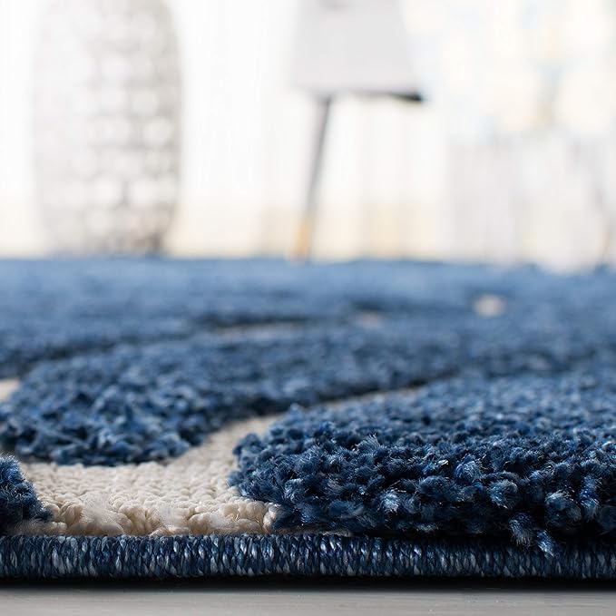 SAFAVIEH Florida Shag Collection Area Rug - 6'7" Square, Dark Blue & Cream, Scroll Design, Non-Shedding & Easy Care, 1.2-inch Thick Ideal for High Traffic Areas in Living Room, Bedroom (SG455-6511)