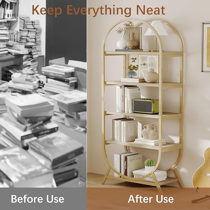 Bookshelf Arched Bookcase, Industrial 5 Tier Open Book Shelves with Metal Frame, 72" Tall Freestanding Display Rack for Home Office, Living Room,Nature Wood and Gold