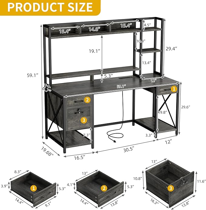 DWVO Computer Desk with Drawers & Hutch, 59.1" Office Desk with Power Outlets & LED Lights, Home Office Desk with Storage Shelves, Grey