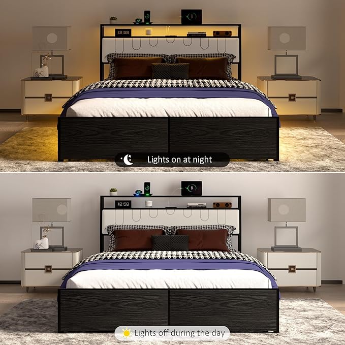 Queen Bed Frame with Storage Headboard, Metal Platform Bed Frame with LED Lights & Charging Station, Storage Drawers, Heavy Duty Metal Slats, No Box Spring Needed, Noise Free, Easy Assembly