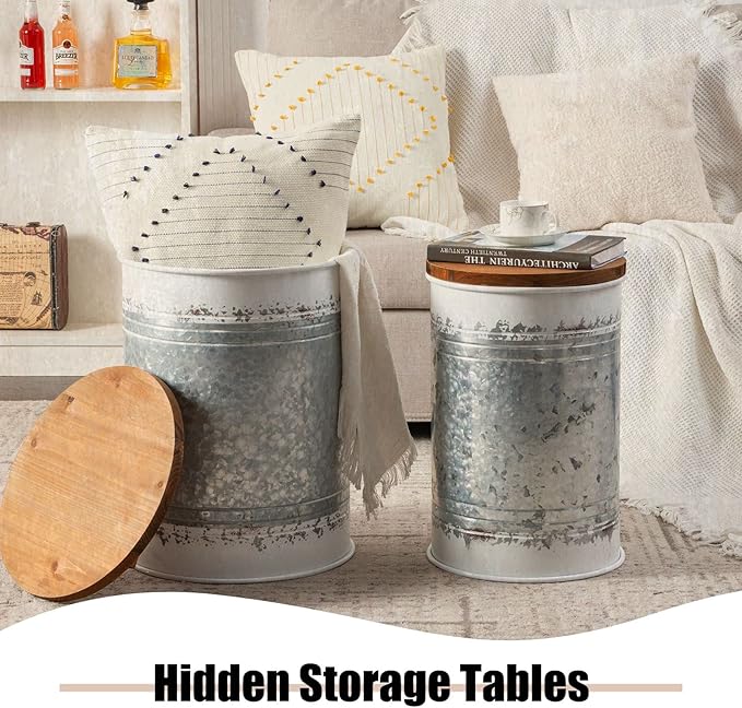 Poofzy Farmhouse End Tables Set of 2, Galvanized Metal Decor Side Table with Wood Lid, Coffee Table Storage Stool for Living Room (White)