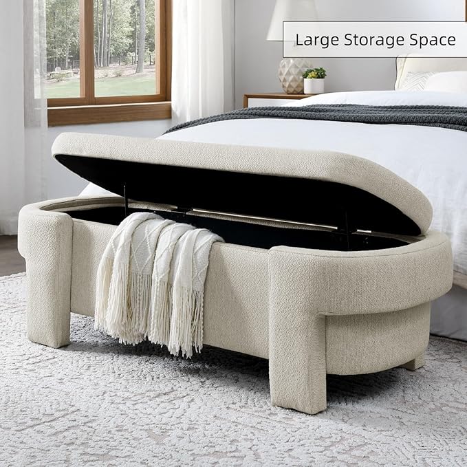 KEIKI 51" Linen Ottoman Bench with Large Storage Space, Upholstered Seating Foot Rest Stool Furniture for Bedroom, Living Room, Entryway, Beige