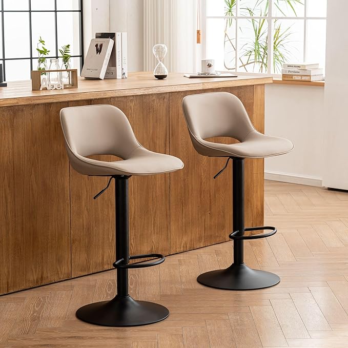 YOUNIKE Bar Stools Set of 2 Compact Modern Swivel Barstools, Adjustable Counter Height Bar Stools Faux Leather Upholstered Bar Chairs with Back for Kitchen Island, Khaki