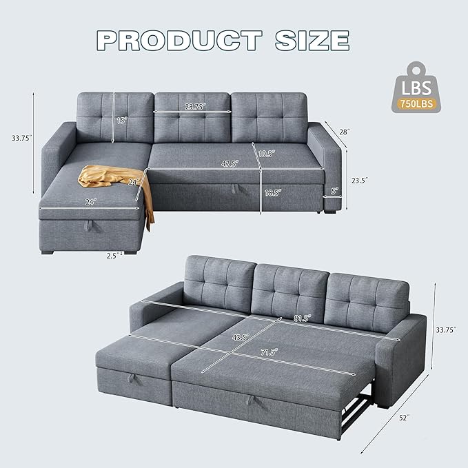 Ball & Cast L-Shape Reversible Sectional Sleeper Sofa Bed,Linen Upholstered 4 in 1 Pull Out Couch with Storage Chaise & Removable Back Cushions,Convertible Corner Sectionals for Living Room,Office
