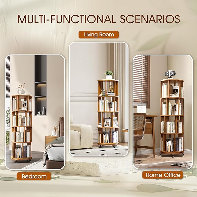 4 Tier Rotating Bookshelf Tower, 360 Spinning Bookcase Carousel with Lockable Wheels, Round Lazy Susan Organizer for Corner Bookshelf, Solid Wood Revolving Bookcase for Kids Room, Bedroom, Living Room