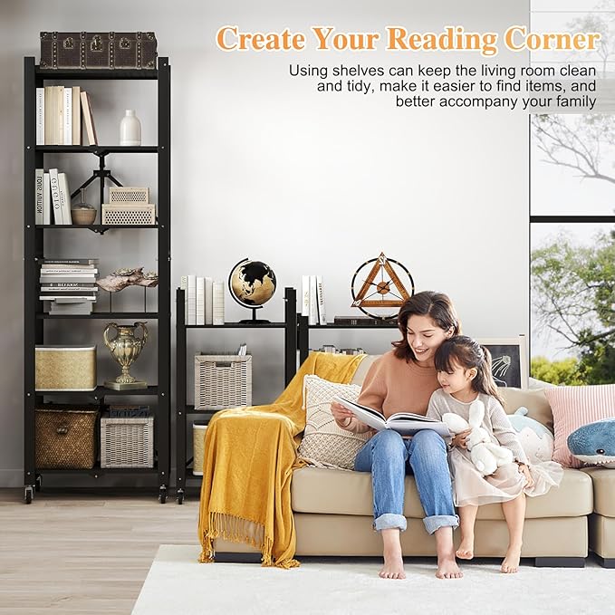 BAYOYONI 6 Tier Industrial Bookshelf - Storage Shelves with Two Usage Modes - Foldable Metal Bookshelves for Living Rooms, Offices, and Bedrooms (Black, 6 Tier)