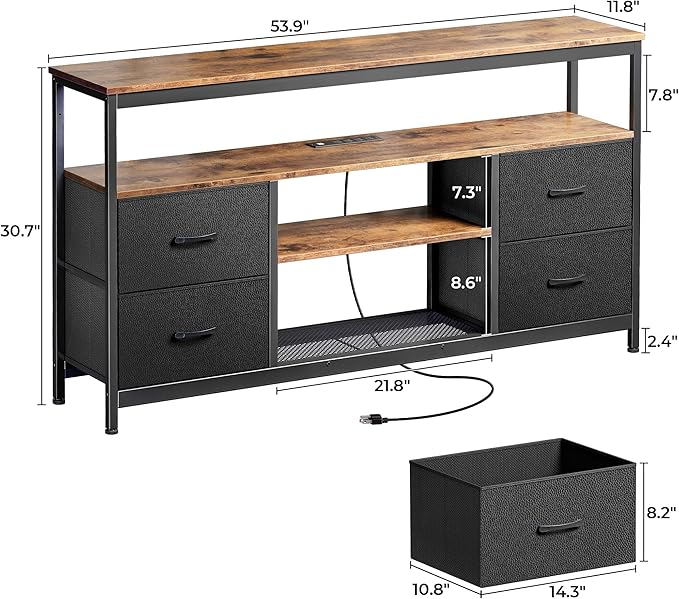 Huuger TV Stand Dresser with Power Outlets and LED Lights, 4 Drawers Entertainment Center with Shelves, 54 Inch Media Console for 55 60 Inch TV, PU Finish, Rustic Brown and Black