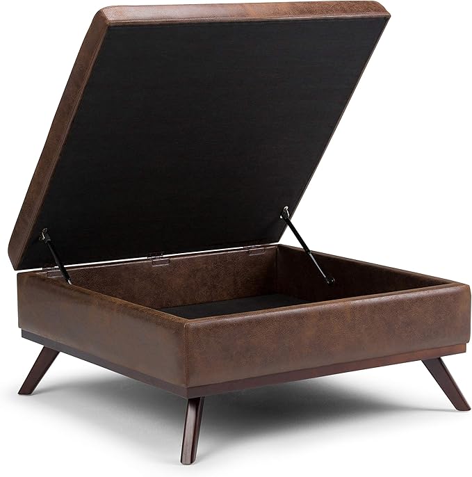 SIMPLIHOME Owen 36 inch Wide Mid Century Modern Square Coffee Table Storage Ottoman in Distressed Chestnut Brown Vegan Faux Leather, Assembled, for the Living Room, Entryway and Family Room