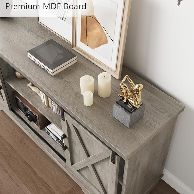 CABIHOME Farmhouse Tv Stand for 65 Inches TVs, Entertainment Center with Storage and Sliding Barn Doors, Adjustable Shelf Modern Media TV Console TV Stand Table for Living Room, Bedroom, Grey
