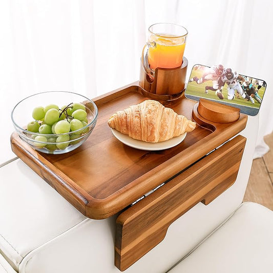 Holana 15.74" x 9.8" Couch Arm Table with Phone + Cup Holder 3 in 1 – Large Wooden Sofa Armest Tray – Double Hinge Sofa Arm Tray Table Clip - Wooden Side Tables for Eating and Drink (Acacia Wood)