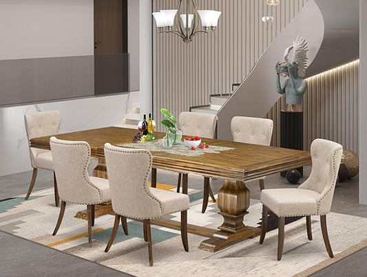 NKSI7-AWA-04 7-Piece Modern Dining Table Set Includes a Kitchen Table and 6 Light Tan Linen Fabric Dining Room Chairs with Button Tufted Back - Antique Walnut Finish