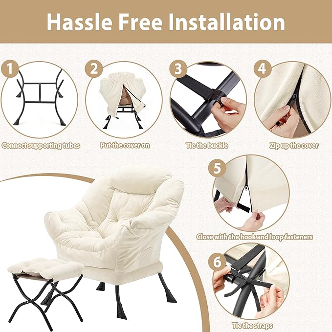 Lazy Chair with Folding Ottoman, Accent Chair Plush Upholstered with Metal Structure and Non-Slip Pads, Sofa Armchair with Footrest and Side Storage Bag for Dorm, Room, Office, Beige