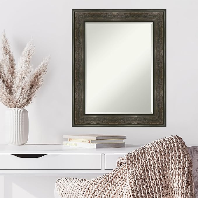 Amanti Art Brown Wall Mirror 30x24 Rail Rustic Char Rectangle Bathroom Mirror for Wall Decor Living Room, Medium Rustic Farmhouse Frame, Hangs Horizonally and Vertically, Bathroom Decor, Beveled Edge