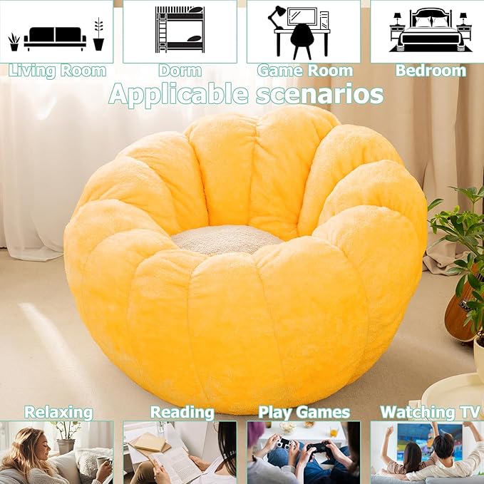 Pumpkin Bean Bag Sofa Chair for Adult, Beanbag Couch with Filler for Reading and Relaxation, Comfy and Lazy Sofa for Dorm, Apartment, Living Room and Bedroom, Orange